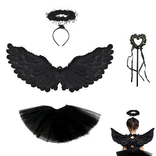 Engel Flügel Schwarz, Engels Flügel Kostüm, 60CM Engel Kostüm Damen mit Haarband und Zauberstab, Engelsflügel Schwarz, Federflügel Engel mit Tutu-Rock, für Halloween Karneval Cosplay Party Fasching von Rkllejs