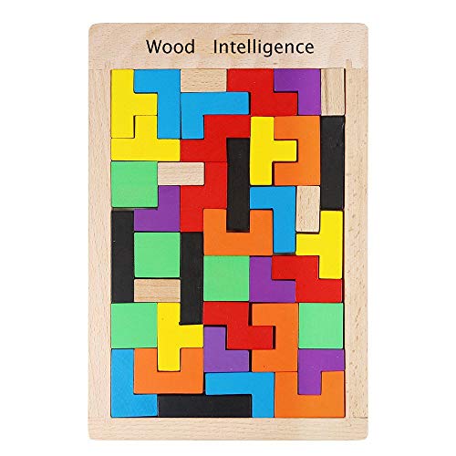 Rmeet Holzpuzzle Tetris Tangram,40er Pack Holz-Puzzle Jigsaw Geometrische Blöcke Holz Puzzle Box Gehirn Spiele für Kinder frühe Pädagogische von Rmeet