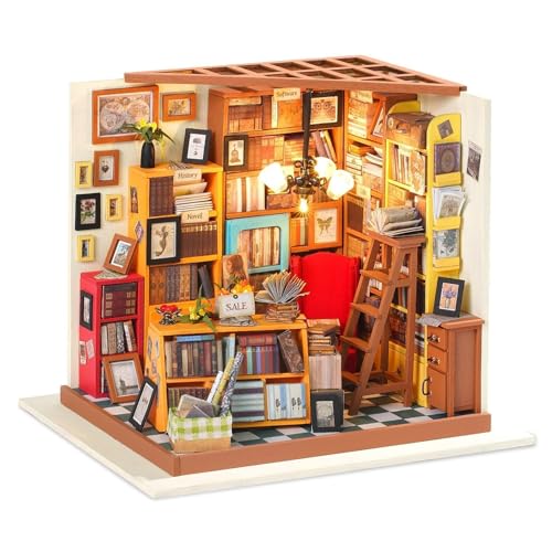 RoWood DIY Miniatur Haus Buchhandlung Puppenhaus mit Licht, DIY Mini Holz Haus Modell Set, Bastelset Geburtstag Geschenke für Erwachsene Frauen Mädchen von ROKR