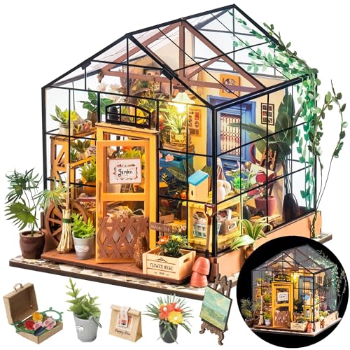 RoWood DIY Miniatur Haus Puppenhaus Gewächshaus mit Licht, DIY Mini Holz Haus Modell Set, Bastelset Geburtstag Geschenke für Erwachsene Frauen Mädchen - Cathys Blumenhaus von ROKR