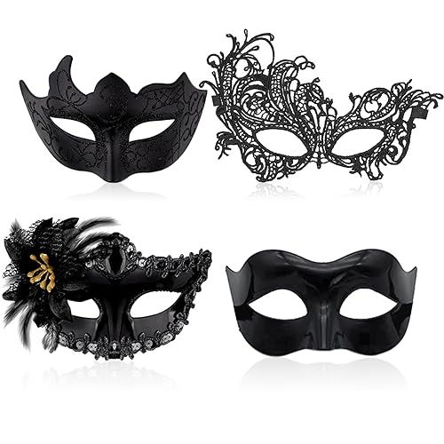 RoadLoo Venezianischen Masquerade Maske, 4 Stück Maskerade Masken Party Karneval Mask Damen Herren Venezianische Maske Damen Spitze Maske für Halloween Weihnachten Karneval Party Kostüm von RoadLoo