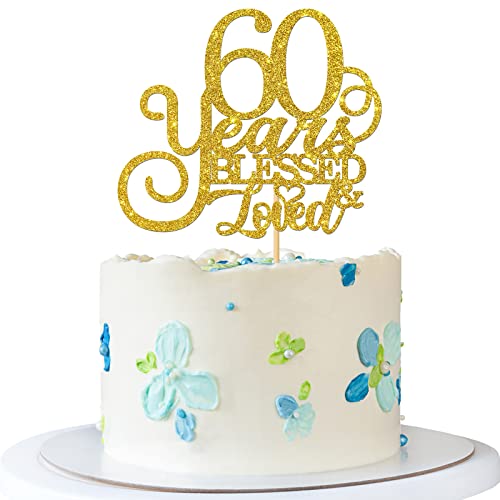 RoadSea 60 Jahre Blessed & Love Tortenaufsatz – Damen Herren 60. Geburtstag Kuchenzubehör – 60. Hochzeitstag Party Dekorationen – Gold Glitzer (60) von RoadSea