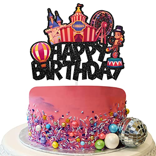 RoadSea Circus Happy Birthday Cake Topper – Kid Boy Girl Geburtstag Party Kuchen Zubehör – Karneval Thema Freizeitpark Geburtstag Party Dekorationen – Mehrfarbig Schwarz Glitzer von RoadSea