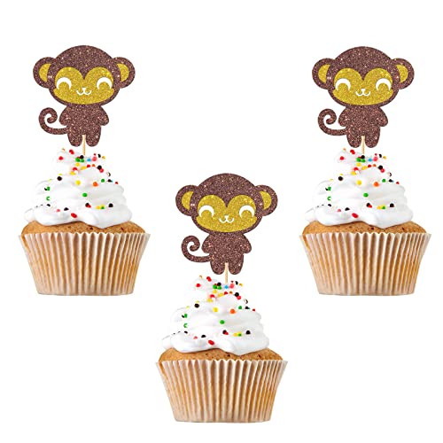 RoadSea Cupcake-Topper mit Affe – Zoo Wildtiere Babyparty Cupcake Zubehör – Kindergeburtstag Dessert Dekor – Hochzeit Party Cupcake Dekorationen – 24 Stück braun & gold Glitzer (Affe) von RoadSea