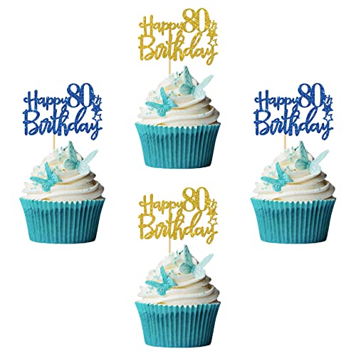 RoadSea Cupcake-Topper zum 80. Geburtstag – Erwachsene Damen Herren 80 Jahre alt Geburtstag Cupcake-Zubehör – 80. Geburtstag Party-Dekorationen – 24 Stück blau & goldfarben Glitzer (80. Geburtstag) von RoadSea