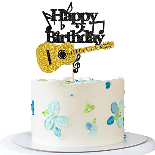 RoadSea Gitarre Happy Birthday Cake Topper - Rock Star Musik Thema Geburtstag Party Kuchen Supplies - Gitarrenliebhaber Geburtstag Party Dekorationen - Schwarz & Gold Glitter von RoadSea