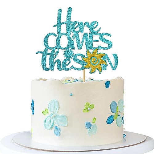 RoadSea Here Comes the Son Sun Tortenaufsatz – Geschlecht offenbaren Party Kuchen Supplies – Sonnenschein Zeichen – Willkommen Baby Boy 1. Geburtstag Party Dekorationen – Blau Glitzer von RoadSea