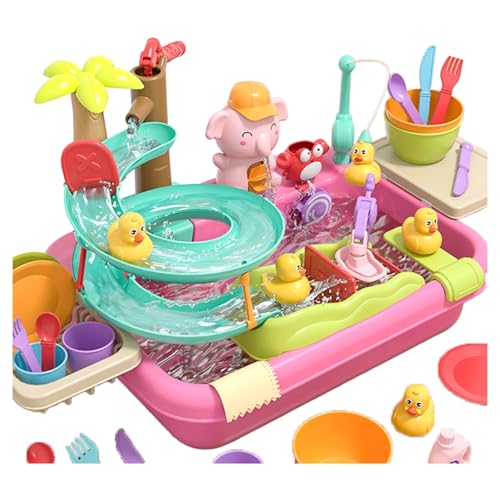 Spülmaschinenspielzeug mit fließendem Wasser, Küchenspüle-Spielset mit Wasserrutschbahn, Kinder-Angelspiel für Kinder von 3–12 Jahren Rosa von Roadoor