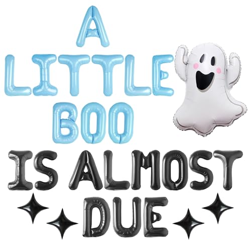 Blaue Luftballons mit Aufschrift "A little Boo Is Almost Due Balloons", Geist-Halloween, Geschlechtsoffenbarung, Party-Dekoration, Halloween, Babyparty, schwarz, Halloween-Party-Dekorationen von Roaring Good Time