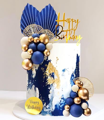 Roaring Good Time Blaue und goldene Kuchenkugeln, blaue Happy Birthday-Kuchenaufsatz, goldene Kuchenkugeln für Geburtstag, Hochzeit, Jahrestag von Roaring Good Time