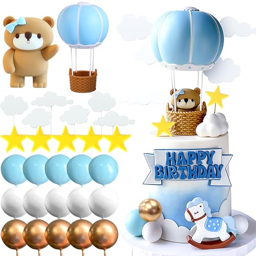 Roaring Good Time Blauer Bär Tortendeko Blau Gold Kugeln Cake Topper Heißluftballons Bären Kuchen Tortendeko Baby Shower Geburtstag Tortendeko von Roaring Good Time