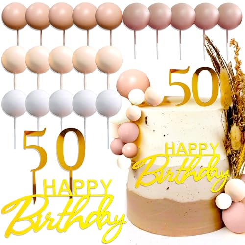 Roaring Good Time Boho Geburtstag Deko 50 Geburtstag Tortendeko Topper Beige Weiß Kugeln Cake Topper Happy Birthday Zeichen Cake Topper Zahl 50 Cake Topper für Geburtstagsdeko Frauen von Roaring Good Time