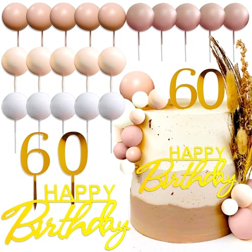 Roaring Good Time Boho Geburtstag Deko 60 Geburtstag Tortendeko Topper Beige Weiß Kugeln Cake TopperHappy Birthday Zeichen Cake Topper Zahl 60 Cake Topper für Geburtstagsdeko Frauen von Roaring Good Time