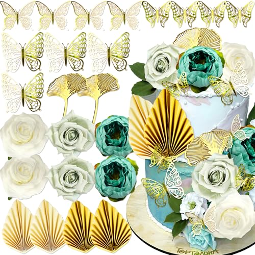 Roaring Good Time Boho Kuchen Topper Blume Kuchen Dekorationen Grüner Kuchen Dekorationen Palmblätter Schmetterling für Hochzeit BabyDusche Geburtstag Party Supplies von Roaring Good Time