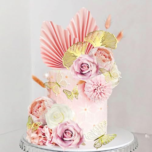 Roaring Good Time Boho Kuchen Topper Blume Kuchen Dekorationen Weiß Rosa Kuchen Dekorationen Palmblätter Schmetterling für Hochzeit BabyDusche Geburtstag Party Supplies von Roaring Good Time