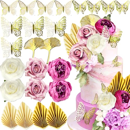 Roaring Good Time Boho Kuchen Topper Blume Kuchen Dekorationen lila Kuchen Dekorationen Palmblätter Schmetterling für Hochzeit BabyDusche Geburtstag Party Supplies von Roaring Good Time