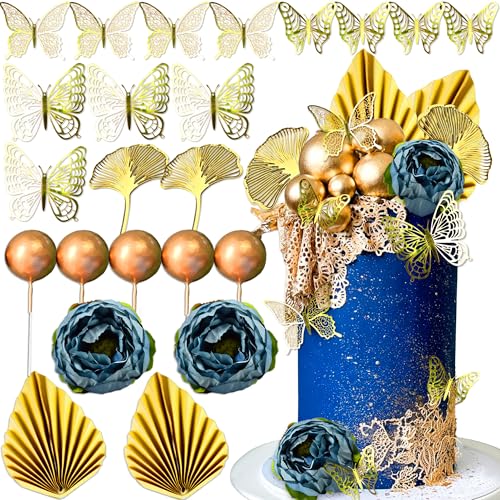 Roaring Good Time Boho Tortendeko Gold Kugeln Tortendeko Gold Palmblätter Cake Topper Blau Blumen für Hochzeit Geburtstag Babyparty Jubiläum von Roaring Good Time