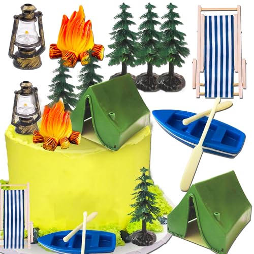 Roaring Good Time Camping Kuchen Dekoration Camp Deco Lagerfeuer Kanu Baum Eichhörnchen Hirsch Dekoration Camping geburtstagstorte für Sommer Camping Picknick Wandern Abenteuer Party von Roaring Good Time