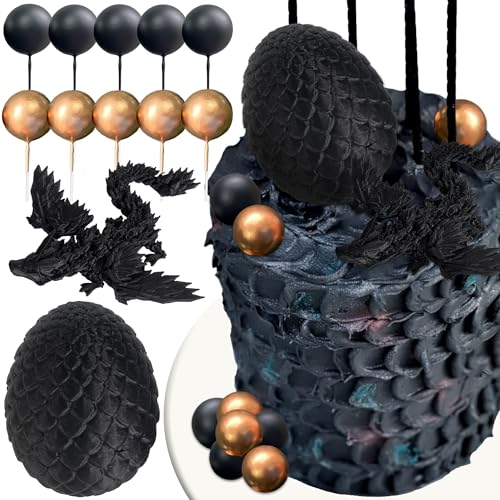 Roaring Good Time Fantasy Drachen Tortenaufleger Dracheneier Tortendekor Gold Schwarze Kugeln Tortendekor für BabyShower Geburtstag Hochzeit Party Supplies von Roaring Good Time