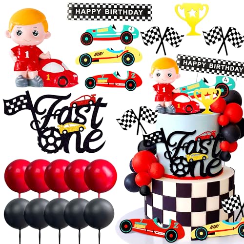 Roaring Good Time Fast One Tortenaufleger Rennwagen Erster Geburtstag Tortendekorationen Fast One Party Supplies Begünstigungen für Racing Car Checkered Flag Geburtstag Party Dekorationen Zubehör von Roaring Good Time