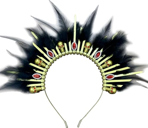 Roaring Good Time Totenkopf Halo Krone Barock Stirnband Totenkopf Göttin Tiara Krone Tag der Toten Feder Haarband Damen Halloween Stirnband für Karneval Maskerade Kopfbedeckung Halloween Kostüm von Roaring Good Time