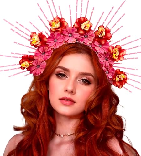 Roaring Good Time Rosa Blumen Halo Krone Stirnband Mit Stachelkrone Rosa Sunburst Zip Tie Headpiece Göttin Kostüm Für Hochzeit Fotoshooting Cosplay Festumzug Festival Renaissance von Roaring Good Time