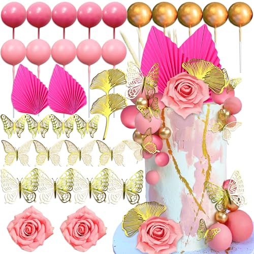 Roaring Good Time Rosa Boho Tortendeko Gold Kugeln Tortendeko Rosa Palmblätter Cake Topper Rosa Gold Kugel für Hochzeit Geburtstag Babyparty Jubiläum von Roaring Good Time