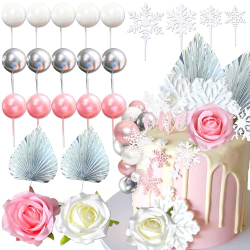 Roaring Good Time Rosa Schneeflocke Kuchen Dekorationen Winter Onederland Kuchen Dekorationen Blumen Kugeln Kuchen Topper für Hochzeit Dekoration und Winter Themed Birthday Party Supplies von Roaring Good Time