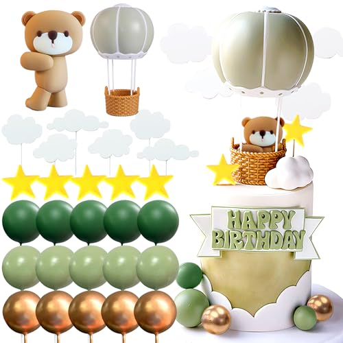 Roaring Good Time Salbeigrün Bär Tortendeko Heißluftballons Kugeln Cake Topper Boho Bären Kuchen Tortendeko Baby Shower Geburtstag Tortendeko von Roaring Good Time