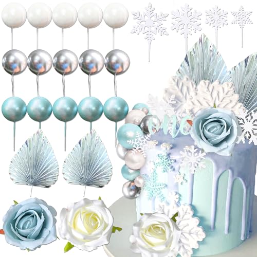 Roaring Good Time Schneeflocken Tortendekorationen Blaue Tortendekorationen Blumen Kugeln Cake Topper für Hochzeitsdekoration und Winter Themed Birthday Party Supplies von Roaring Good Time