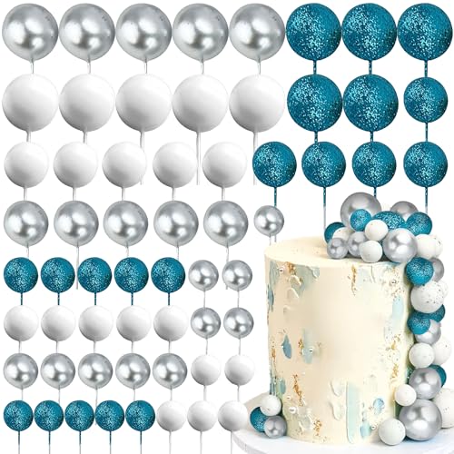 Roaring Good Time Silber Blau Kuchendekorationen Glitter Blau Weiß Silber Kugeln Cake Topper für Hochzeitsdekoration und Winterthemen Geburtstag Party Supplies von Roaring Good Time