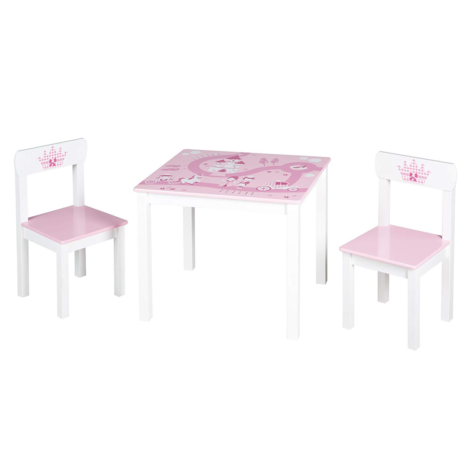 Roba Kinder Sitzgruppe 'krone' Kindermöbel Set Aus 2 Kinderstühlen & 1 Tisch Sitzgarnitur Mit Prinzessin/schloß/einhorn Bedruckung In Rosa von Roba
