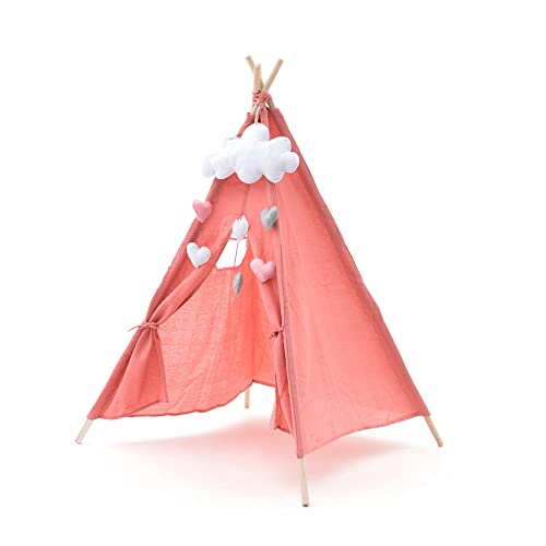 ROBINCOOL Kindertipi Montessori Kalpana, 80 x 80 x 110 cm, für drinnen und draußen, aus rosa Stoff, mit dekorativer Wolke, für Kinder ab 1 Jahr von Robincool