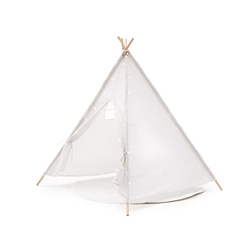 ROBINCOOL Tipi Kindertipi Montesori Koda, 120 x 120 x 150 cm, für Innen- und Außenbereich, aus gebrochenem weißem Stoff, mit 3 m LED-Streifen und Teppich im Lieferumfang enthalten von Robincool