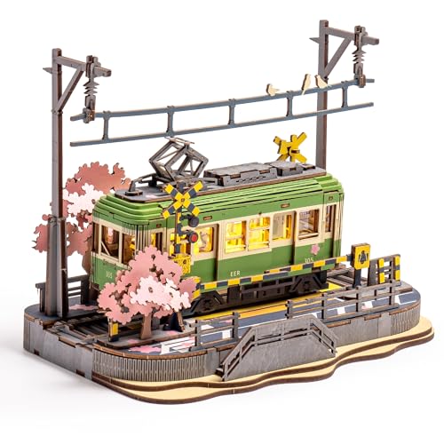 ROBOTIME 3D Puzzle Holz Sakura Straßenbahn mit Lichtern, Modellbausatz Holzpuzzle Bücherregal Deko Geschenke für Erwachsene und Kinder von Robotime