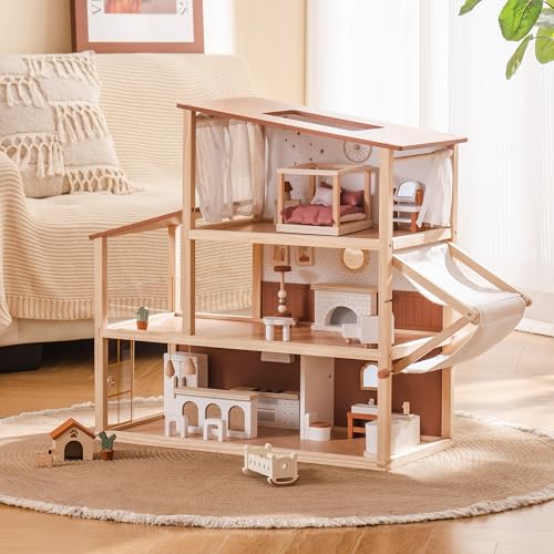 ROBOTIME Böhmisches Puppenhaus aus Holz | 3-stöckiges Spielhaus mit verstellbarem Zelt und Schiebetüren | Reichhaltiges Zubehör | Fantasievolles Geschenk für Kinder ab 3 Jahren von Robotime