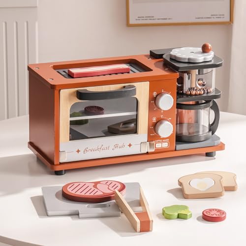 ROBOTIME Kinder-Kaffeemaschine aus Holz, Kinder-Küchenzubehör, Frühstücksset, Spielküche, Holzspielzeug, Küchenzubehör, Braun von Robotime