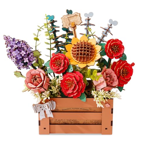 Robotime Blumen 3D Holzpuzzle Erwachsene: Holzbausatz Basteln DIY Blumen Modelbausatz Künstliche Blumenstrauß Modell Kits Holz Puzzle Bausatz Frauen Valentinstag Geburtstag Deko mit Holzkiste TW02H von Robotime