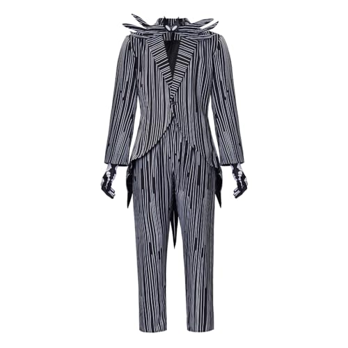 RocailleCos Jack Skellington Cosplay-Kostüm für Herren, gestreifter Schwanz, Mantel, Hose, Outfits, Weihnachten, Albtraum-Anzug mit Fliege (schwarz, Größe 2, M) von RocailleCos