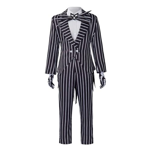 RocailleCos Jack Skellington Cosplay-Kostüm für Herren, gestreifter Schwanz, Mantel, Hose, Outfits, Weihnachten, Albtraum-Anzug mit Fliege (schwarz 1, L) von RocailleCos