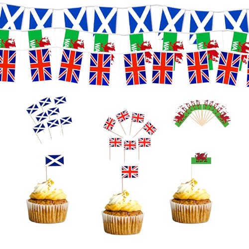 Cupcake-Topper und Wimpelketten-Set mit schottischem Design, Union Jack und Wales, für Sommerpartys von RockParty