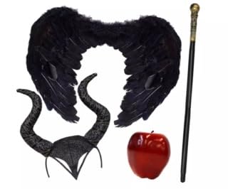 RockParty Evil Witch Halloween Outfit - Horn Stirnband, kleine schwarze Flügel, Stock & Apfel von RockParty