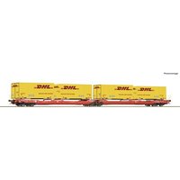 ROCO 6600057 H0 Doppeltaschen-Gelenkwagen T3000e mit vier Wechselpritschen „DHL“, DB AG, Ep. VI von Roco