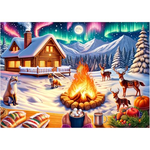 Rocorose Puzzle 1000 Teile für Erwachsene, Weihnachtspuzzle Winternacht Lagerfeuer Abend Tier Lustige Herausfordernde Große Urlaubspuzzles - Schneeszene, Aurora, Weihnachtsbaum, Fuchs, Hirsch von Rocorose