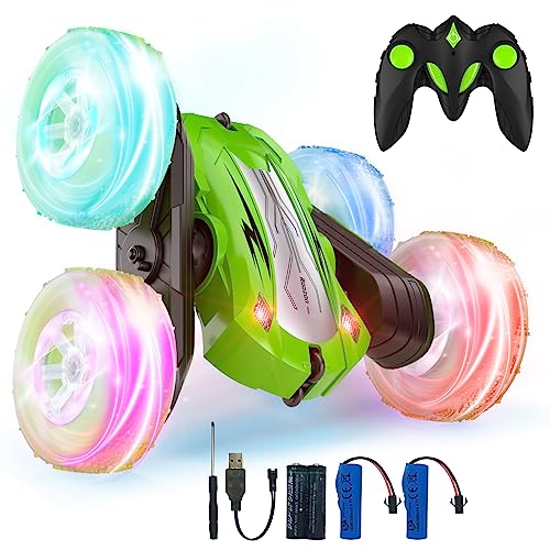 Rodzon Ferngesteuertes Auto 3 4 5 6 7 8 9 Jahre Spiele LED Blinken RC Auto Spielzeug Jungen Mädchen Geschenke Kinder Toy 2.4Ghz 4WD 360° Flipper Drift RC Car mit 2 Aufladbarer Batterien (Grün) von Rodzon