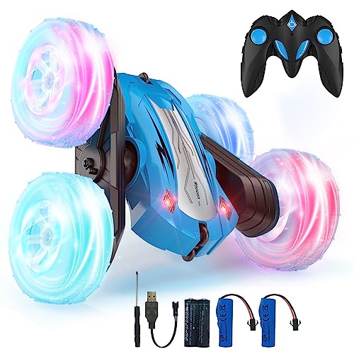 Rodzon Ferngesteuertes Auto 3 4 5 6 7 8 9 Jahre Spiele LED Blinken RC Auto Spielzeug Jungen Weihnachten Geburtstags Geschenke Kinder Toy 360° Flip Car Indoor Outdoor Draußen Sand Strand Garten (Blau) von Rodzon