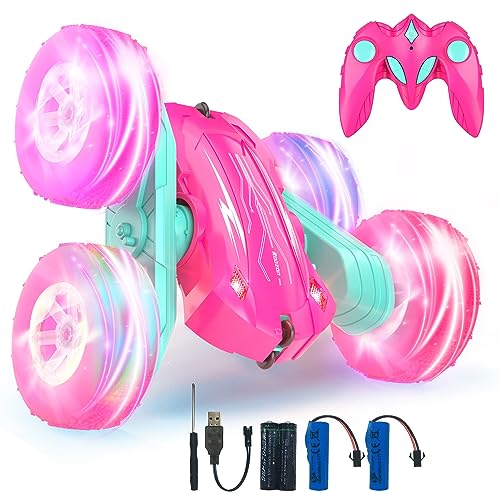 Rodzon Ferngesteuertes Auto Crawler 3 4 5 6 7 8 9+ Jahre Mädchen Spiele RC Auto mit LED Blinken Spielzeug Mädchen Geschenke Kinder Toy 2.4Ghz 4WD 360° Flip RC Car mit 2 Aufladbarer Batterien (Rosa) von Rodzon