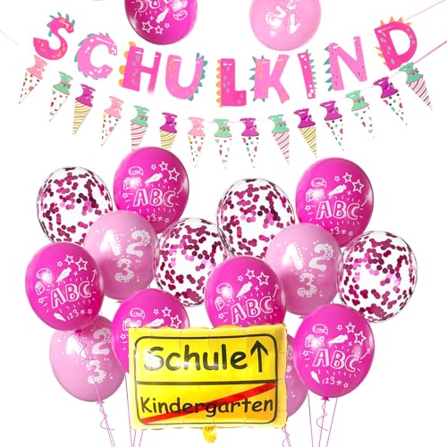 Luftballons Einschulung Schulanfang Deko Mädchen , Schulkind Deko +SCHULKIND Folienballon + 14 Rosa Luftballons Einschulung mit 123 ABC, Rosa Konfetti Luftballons für Schulanfang Deko Mädchen von Roimylie