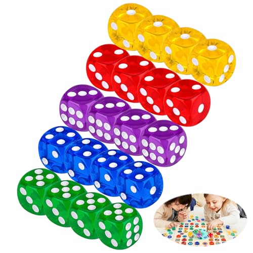 Roinaid 20 Stück Polyedrische Würfel D6 Würfel Set Würfelset Dice Spielwürfel Würfel aus Acryl 16 mm Bunter Würfel Mehrfarben Würfel Set Würfel für Würfelspiele Tischspiele in 5 Farben. von Roinaid