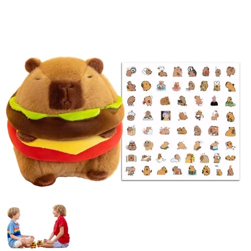 Roinaid Capybara Plüschtier,Niedlichen Snackles Capybara Hamburger Capybara Kuscheltier, Burger Kuscheltier Capybara,Simulation Tier Capybara Puppen für Kinder Geburtstag,mit 60 Capybara-Aufkleber von Roinaid